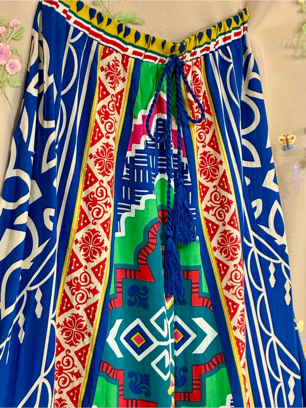 Flying Tomato S Boho Geometric Maxi Skirt Blue Tassel Drawstring Rayon
